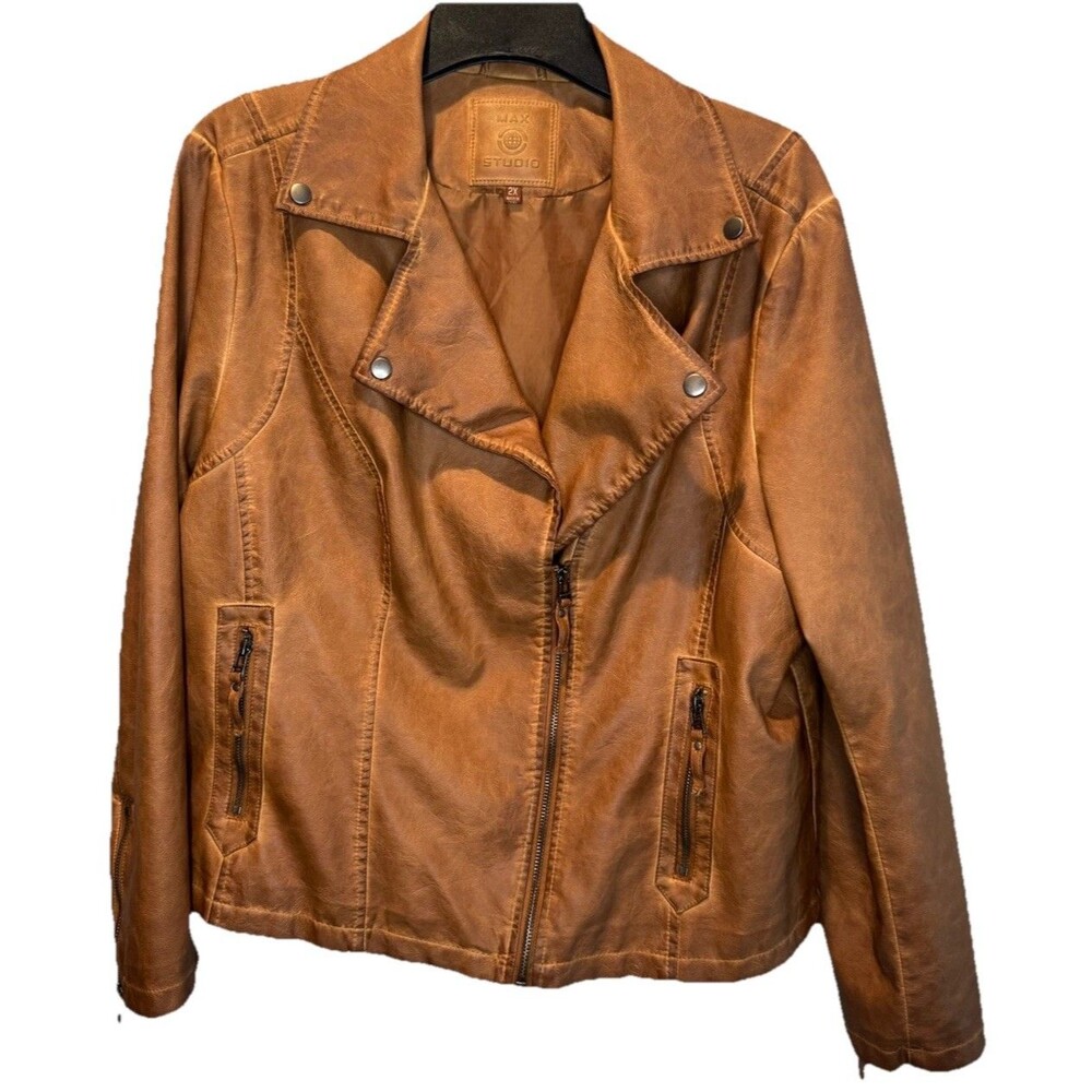 Max Studio Cognac Brown Faux Leather Pleather Womens Moto Jacket 2X Casual